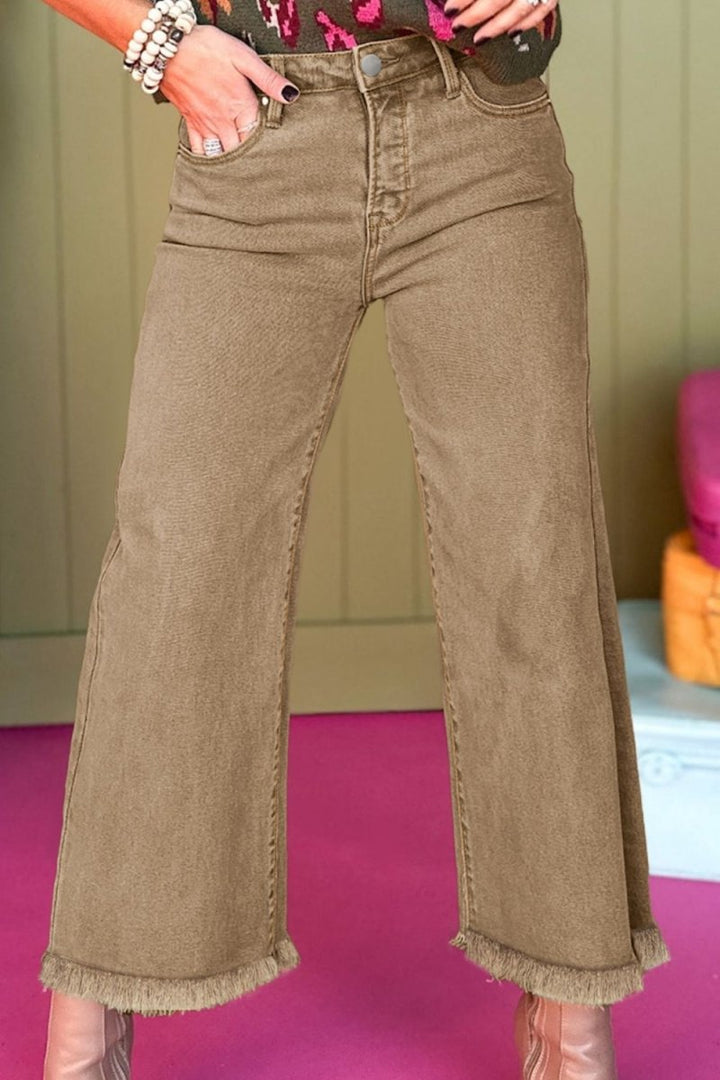 Raw Hem Wide Leg Jeans - Bottoms