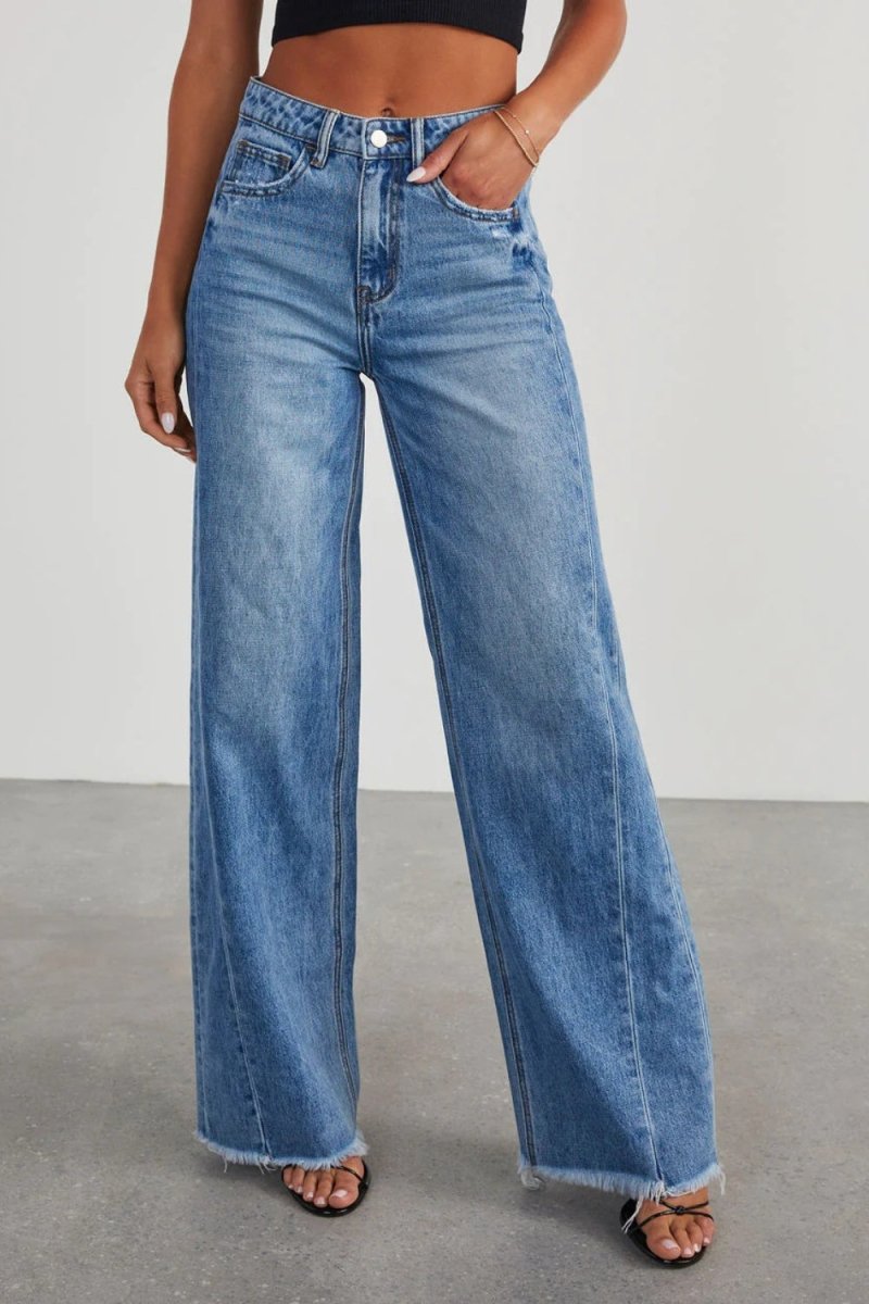 Raw Hem Wide Leg Jeans with Pockets - Bottoms