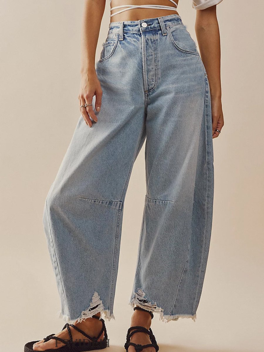 Raw Hem Wide Leg Jeans with Pockets - Bottoms