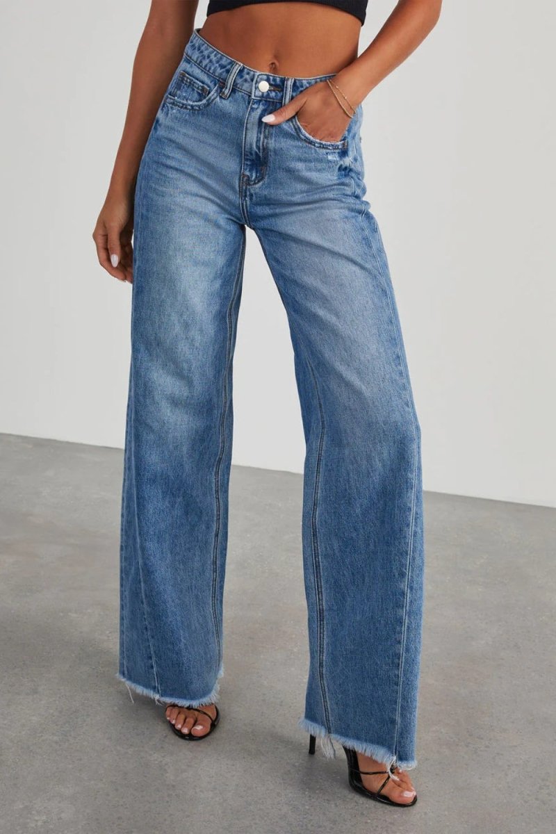 Raw Hem Wide Leg Jeans with Pockets - Bottoms