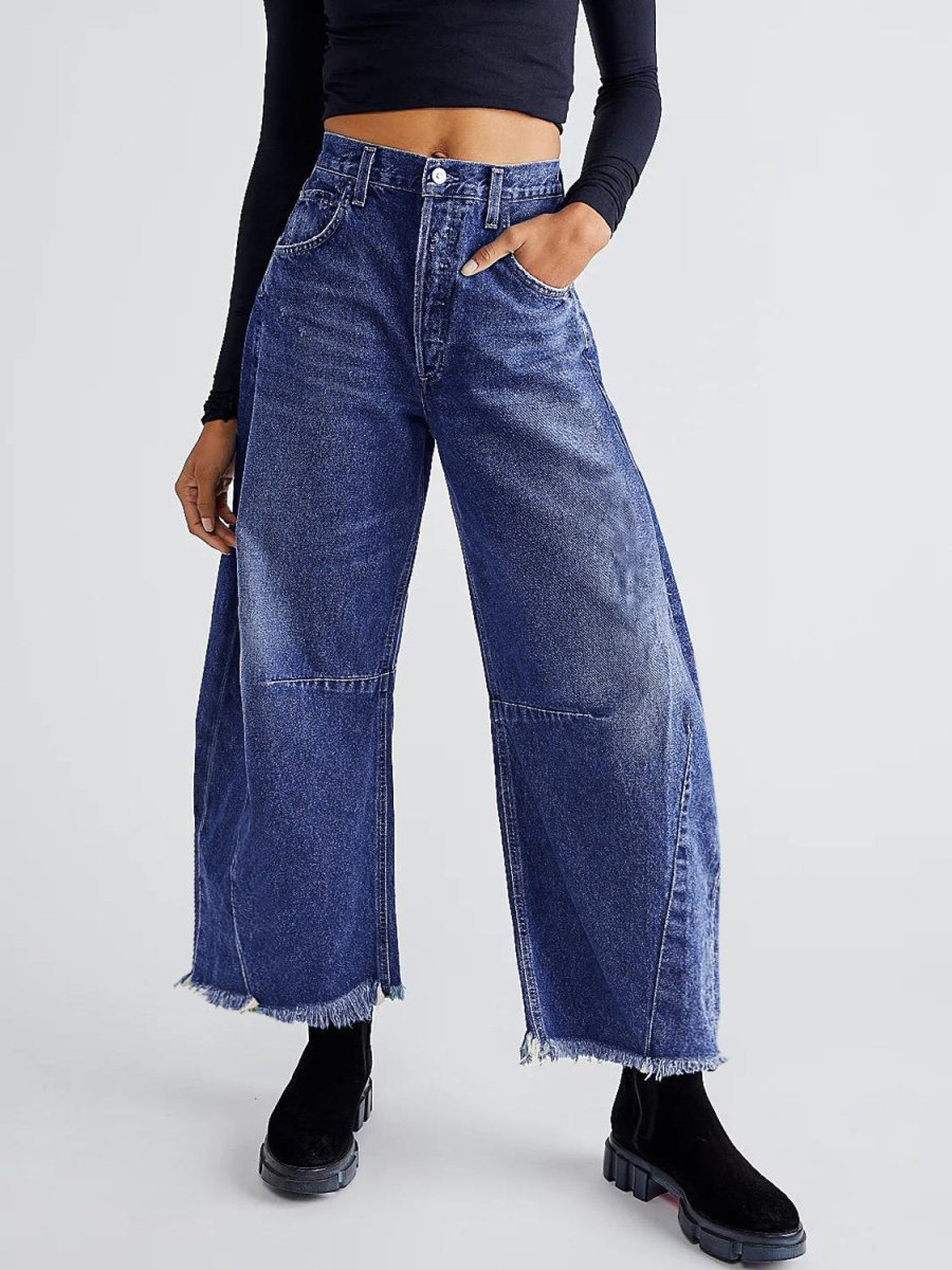 Raw Hem Wide Leg Jeans with Pockets - Bottoms