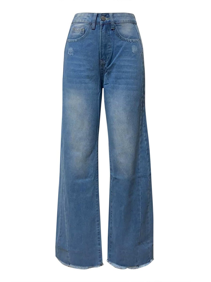 Raw Hem Wide Leg Jeans with Pockets - Bottoms