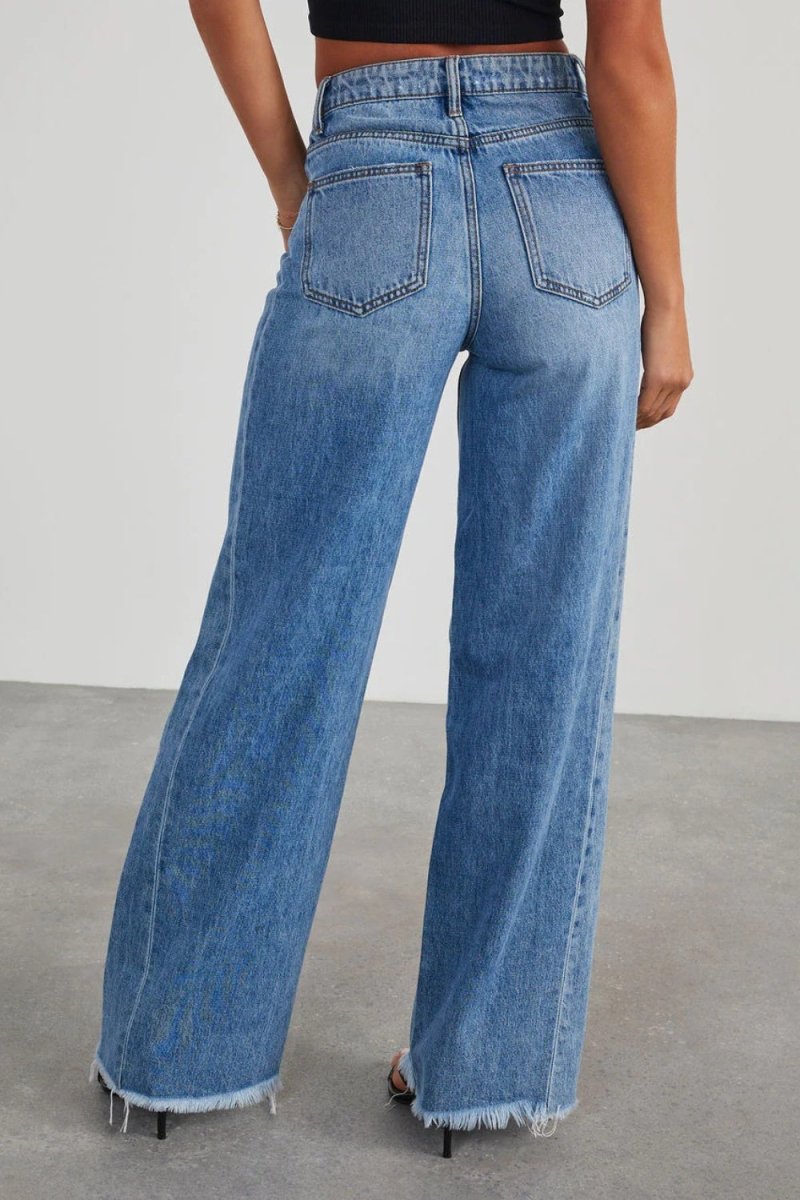 Raw Hem Wide Leg Jeans with Pockets - Bottoms