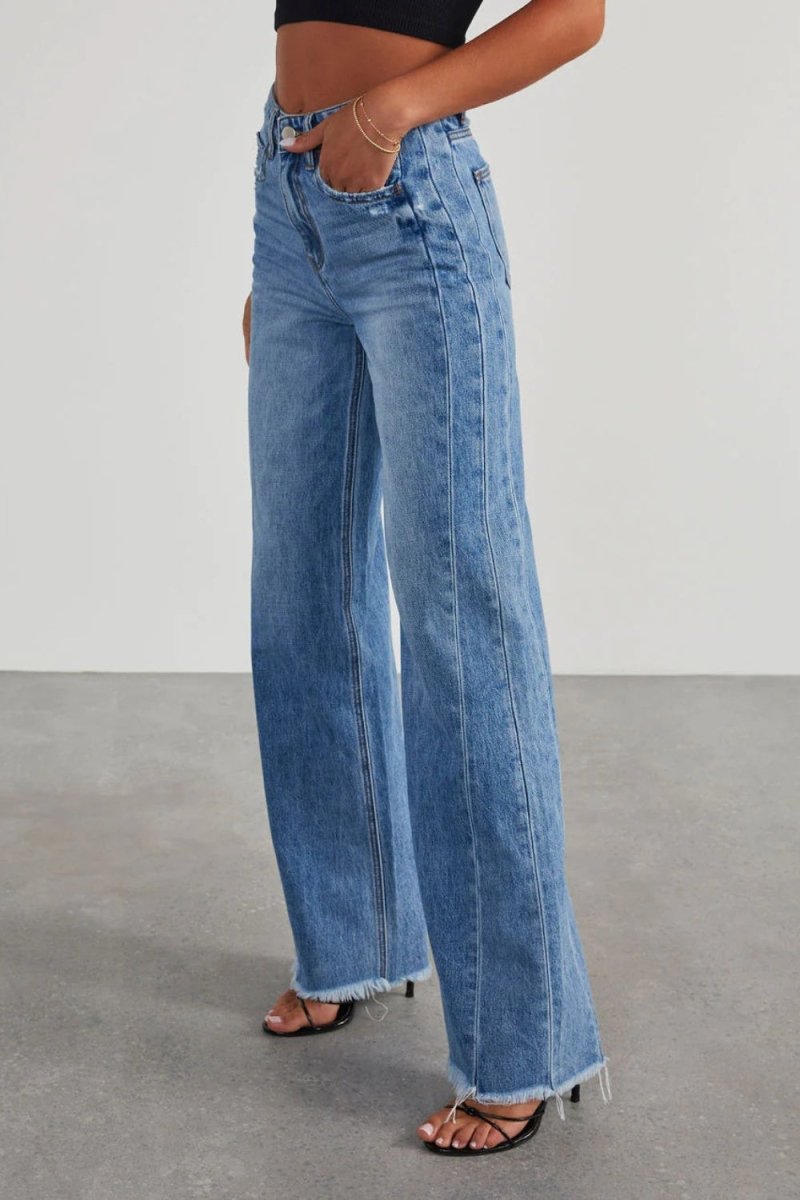 Raw Hem Wide Leg Jeans with Pockets - Bottoms