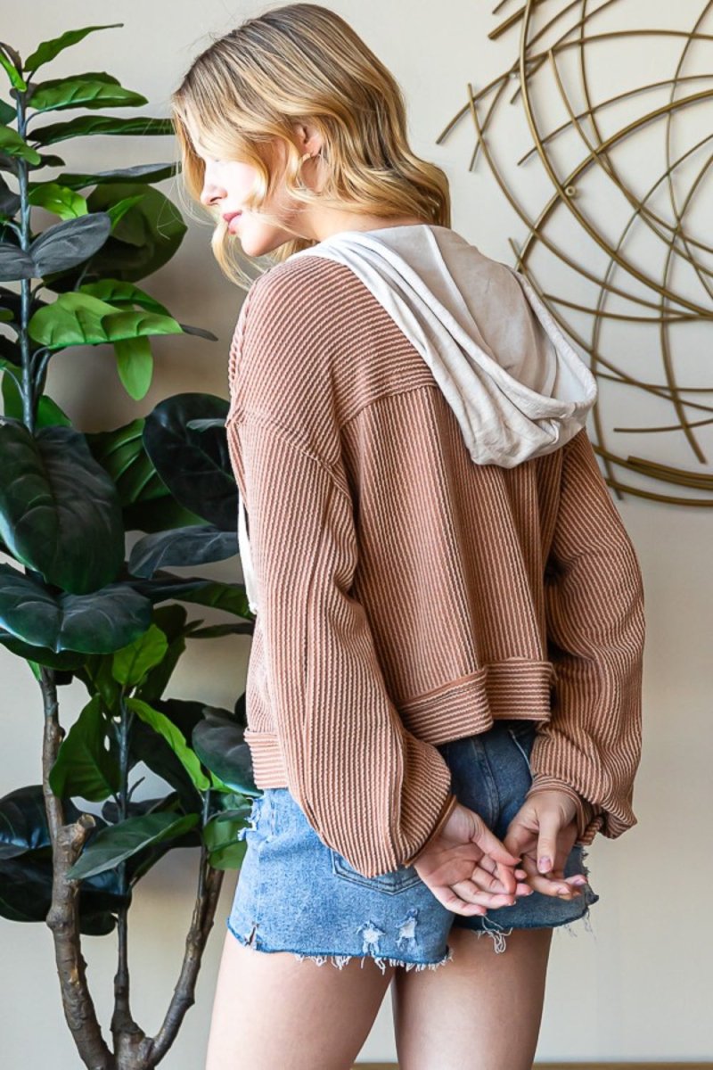 Reborn J Button Up Drawstring Striped Hooded Jacket - Outerwear