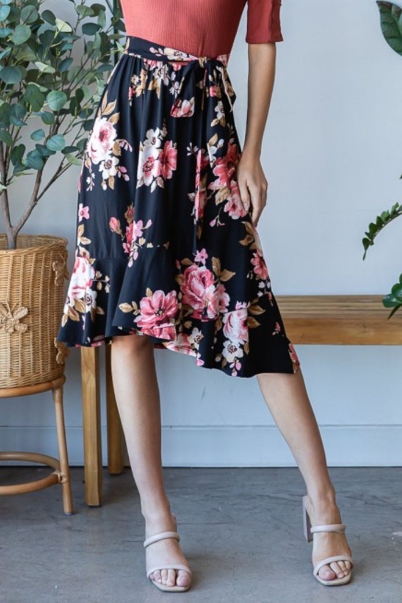 Reborn J Floral Wrap Ruffle Hem Skirt - Bottoms