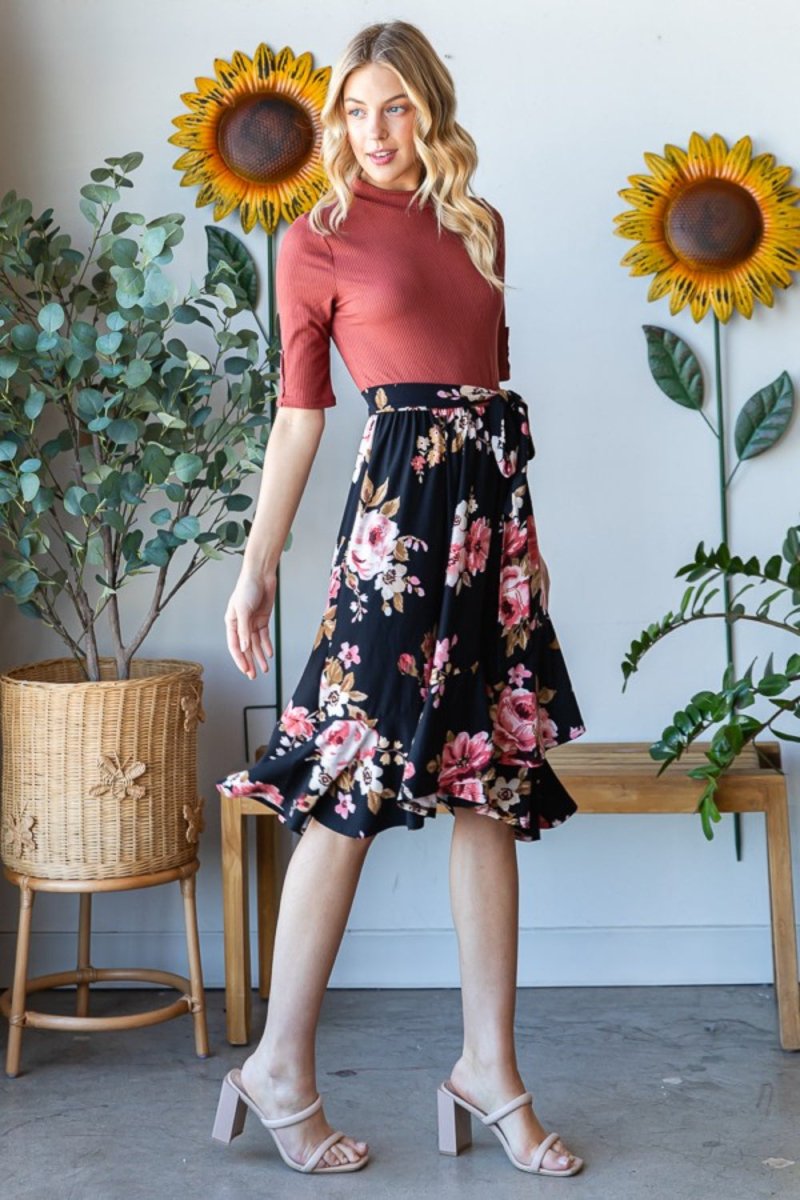 Reborn J Floral Wrap Ruffle Hem Skirt - Bottoms