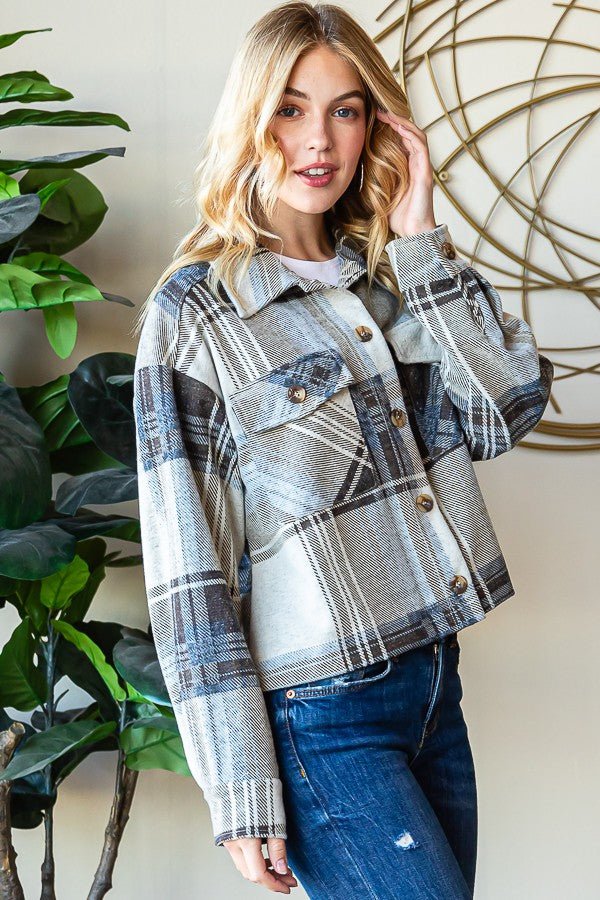 Reborn J Plaid Button Up Long Sleeve Shacket - Outerwear