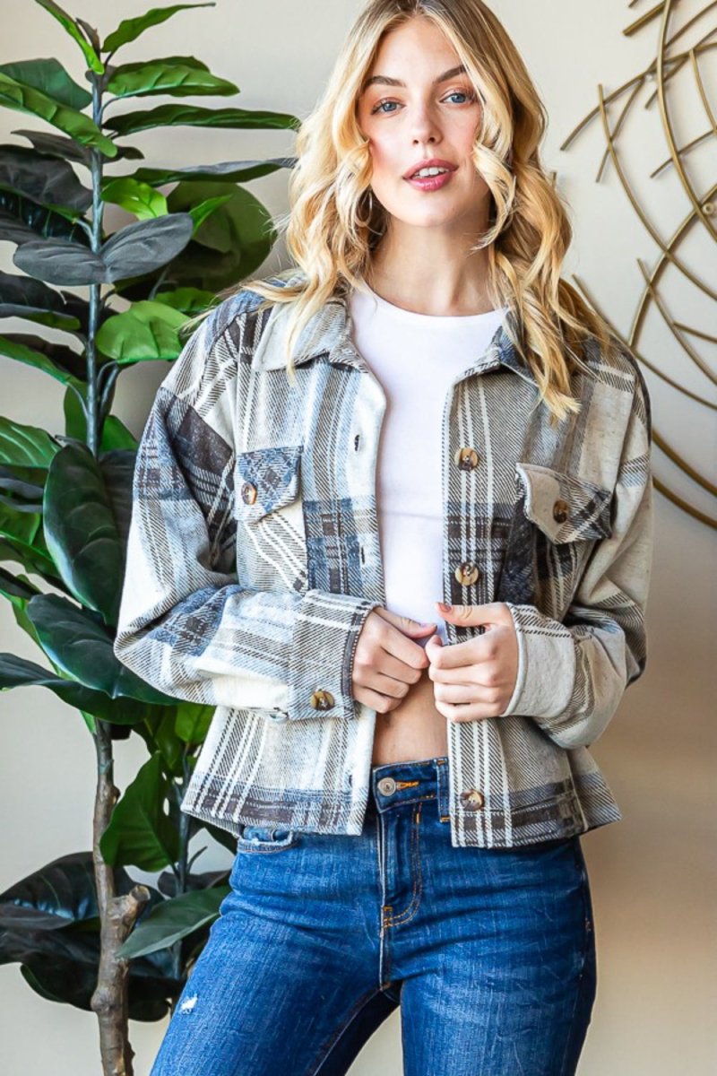 Reborn J Plaid Button Up Long Sleeve Shacket - Outerwear