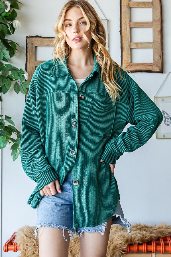 Reborn J Striped Button Up Long Sleeve Shacket - Outerwear
