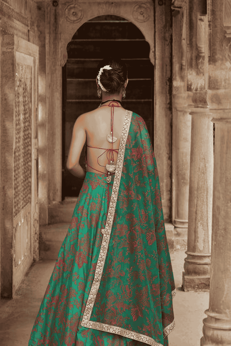 Red Embroidered Blouse with Green Floral Skirt - 