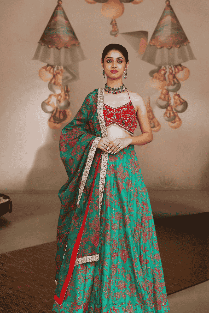 Red Embroidered Blouse with Green Floral Skirt - 