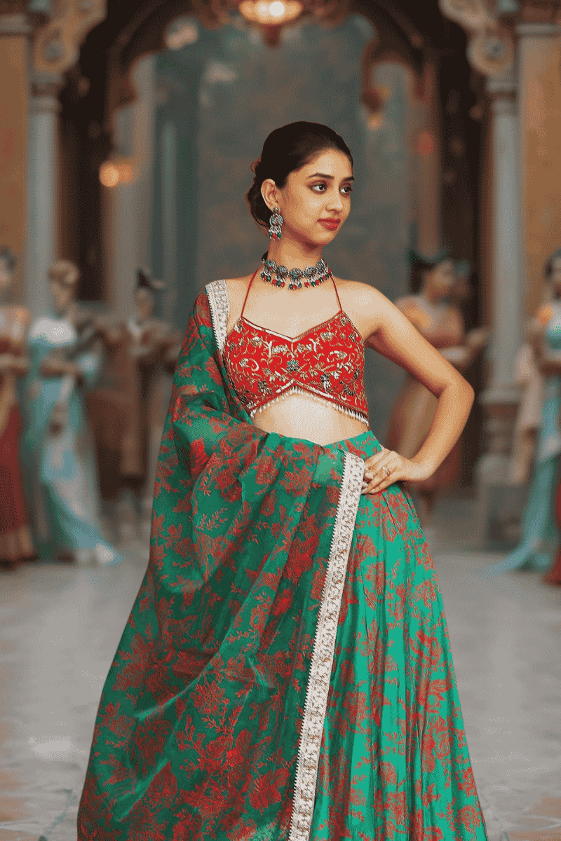 Red Embroidered Blouse with Green Floral Skirt - 