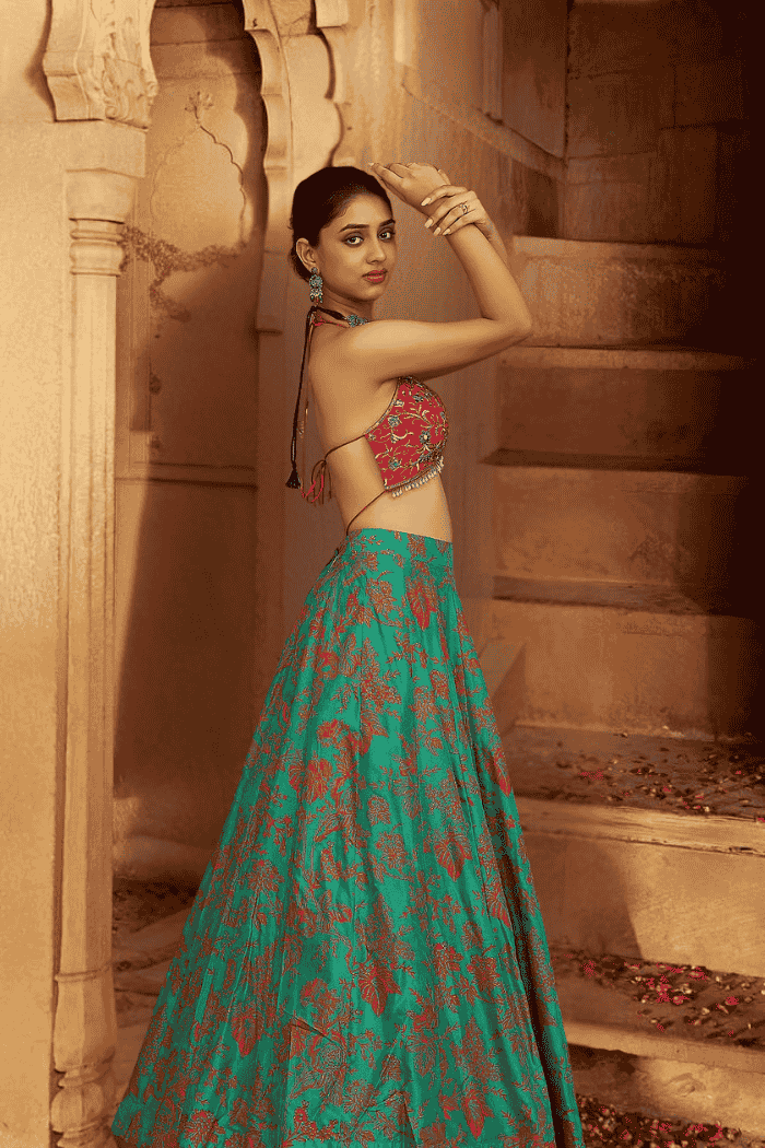 Red Embroidered Blouse with Green Floral Skirt - 