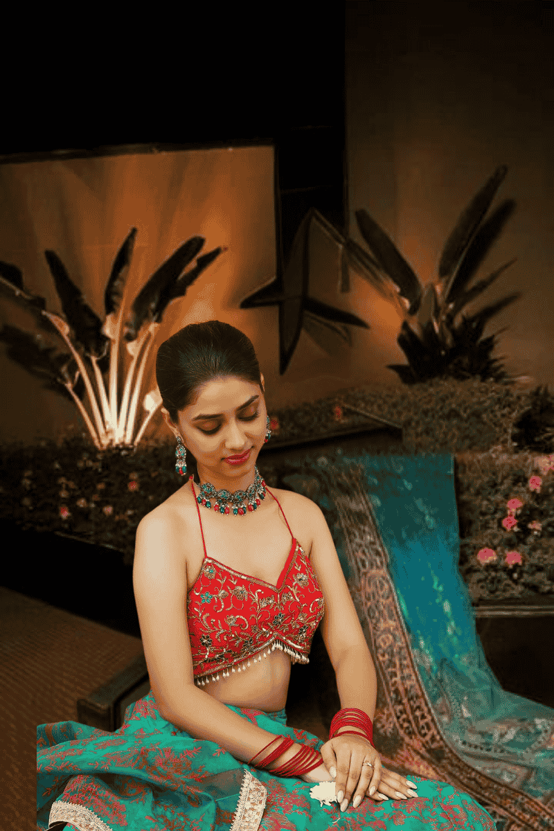 Red Embroidered Blouse with Green Floral Skirt - 