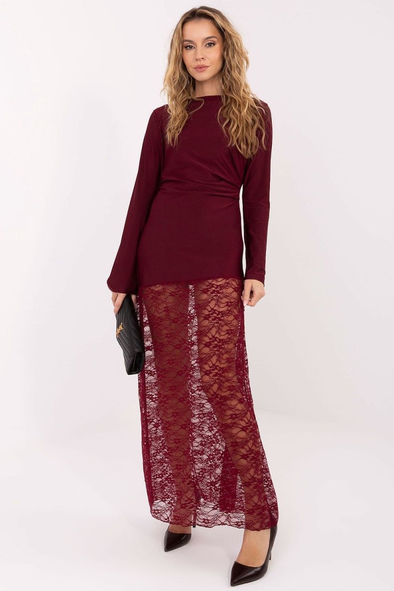 Red Maxi Pencil Dress with Lace - 