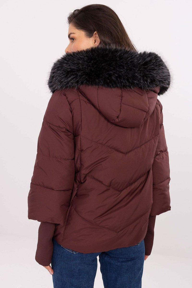 Red Quilted Down Jacket with Detachable Hood - 
