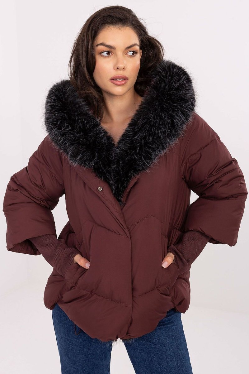 Red Quilted Down Jacket with Detachable Hood - 