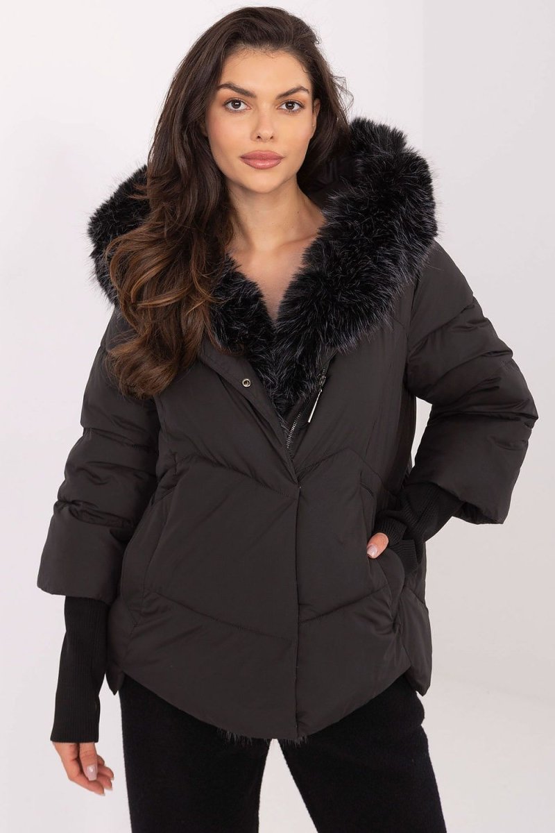 Red Quilted Down Jacket with Detachable Hood - 