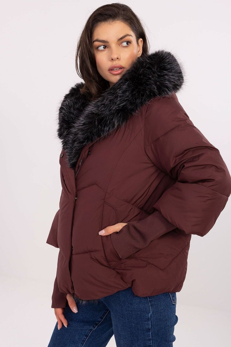 Red Quilted Down Jacket with Detachable Hood - 