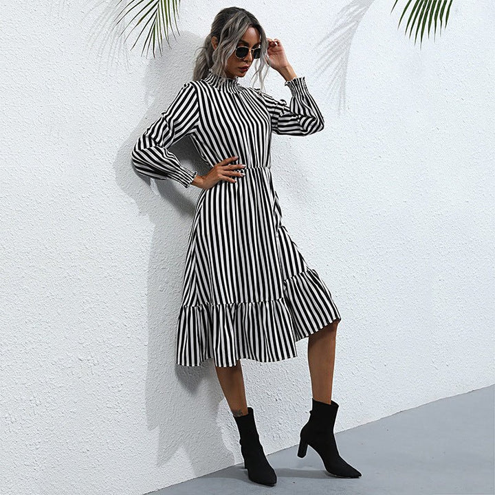 Retro women's striped long - sleeved high - neck dress in the long style - Day Dress