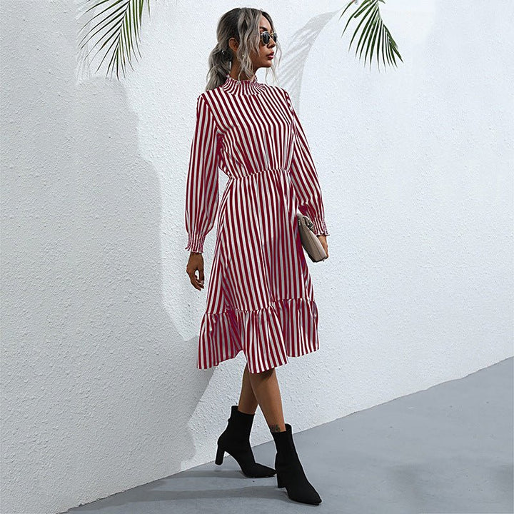 Retro women's striped long - sleeved high - neck dress in the long style - Day Dress