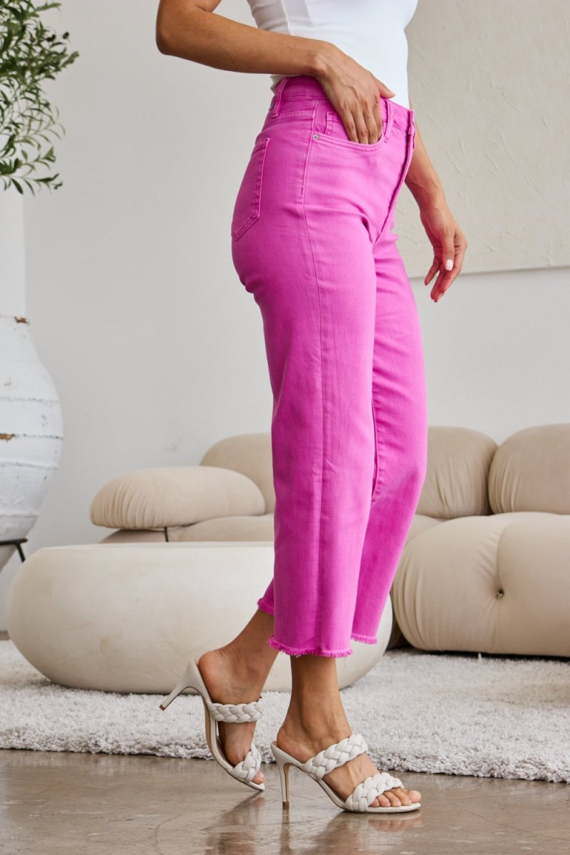 RFM Crop Chloe Full Size Tummy Control High Waist Raw Hem Jeans - Bottoms