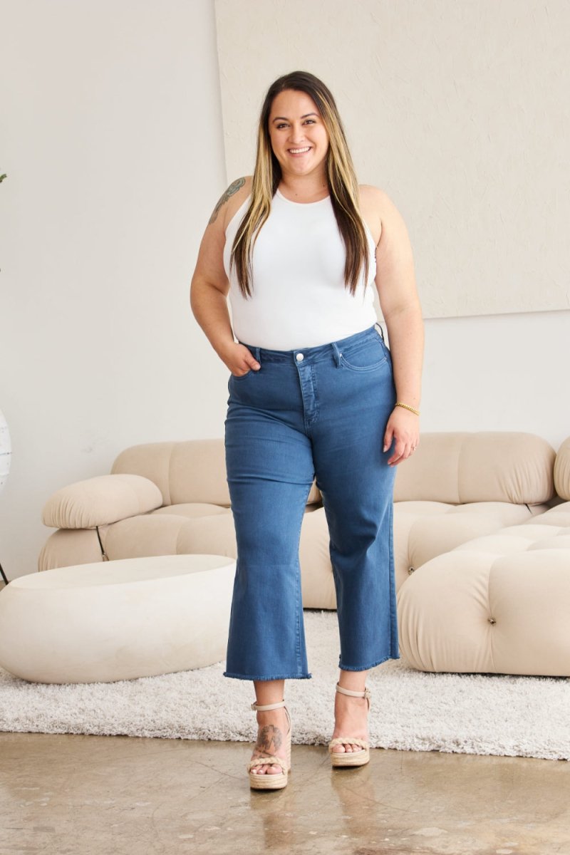 RFM Crop Chloe Full Size Tummy Control High Waist Raw Hem Jeans - Bottoms
