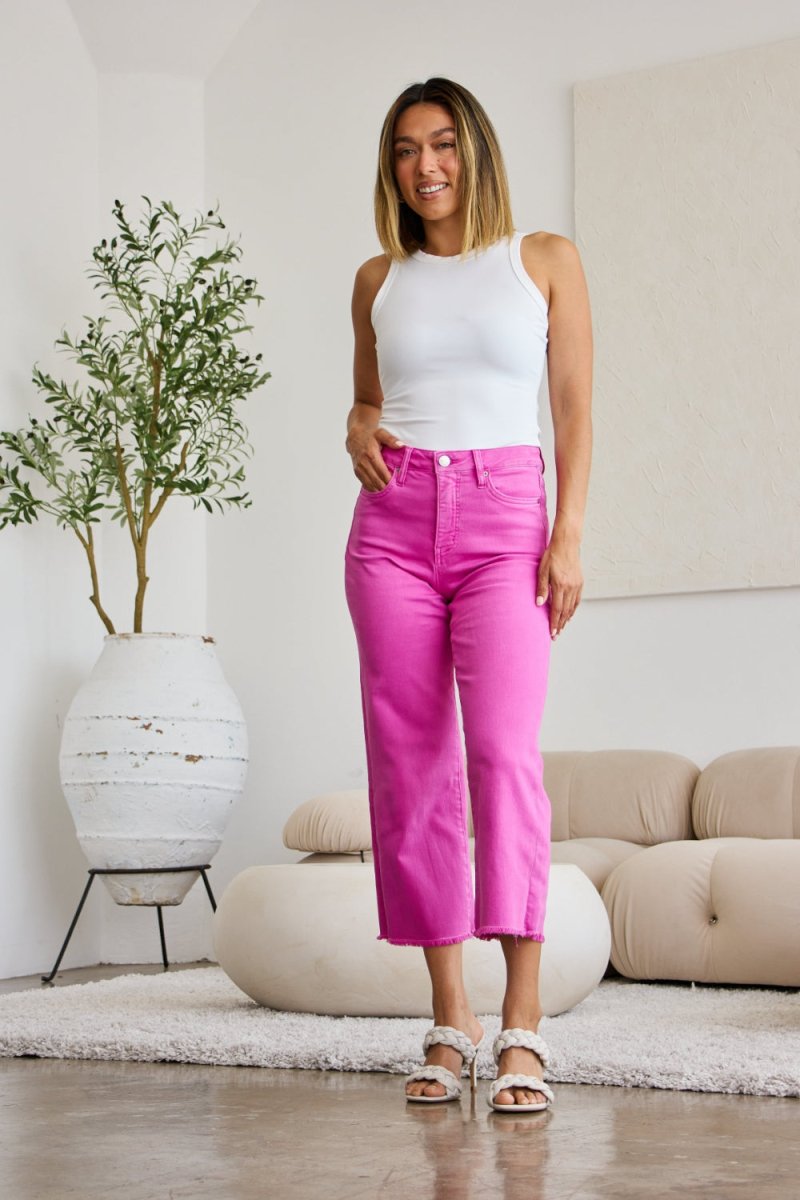 RFM Crop Chloe Full Size Tummy Control High Waist Raw Hem Jeans - Bottoms