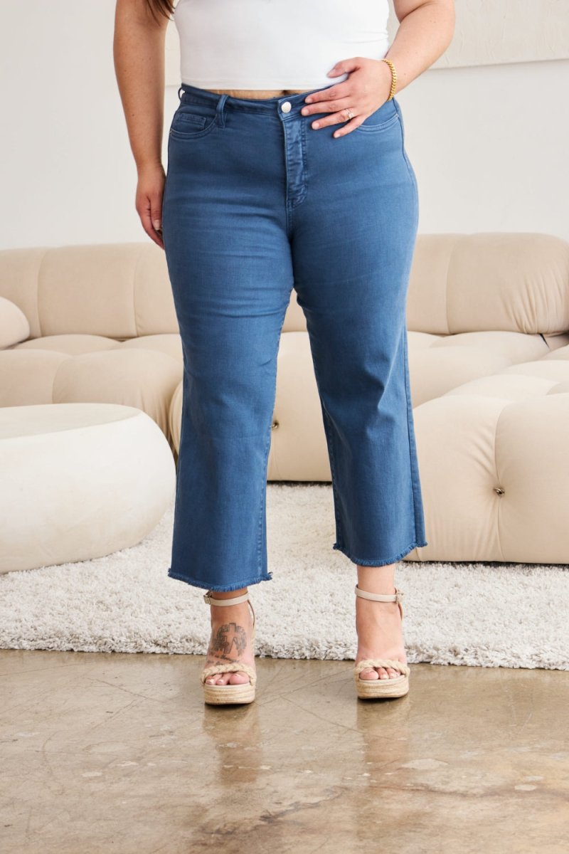 RFM Crop Chloe Full Size Tummy Control High Waist Raw Hem Jeans - Bottoms
