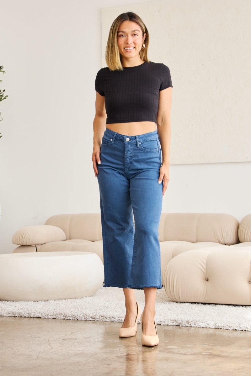 RFM Crop Chloe Full Size Tummy Control High Waist Raw Hem Jeans - Bottoms