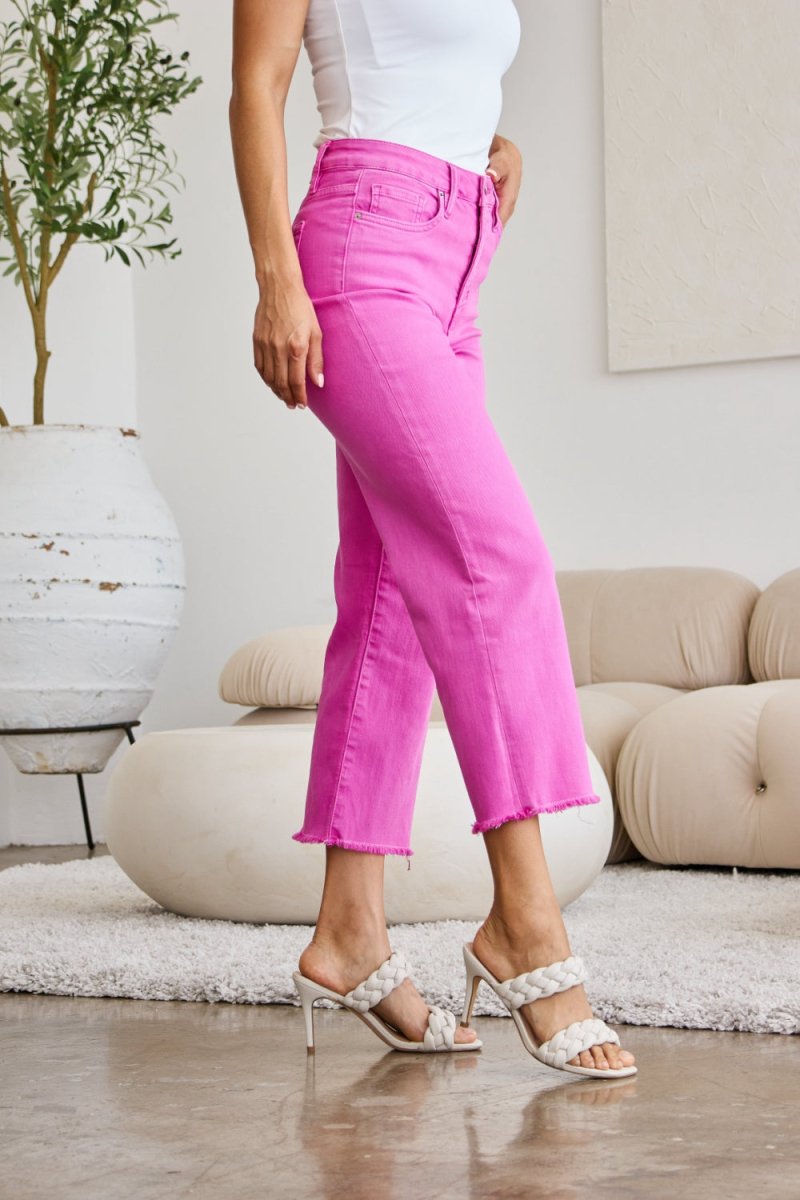 RFM Crop Chloe Full Size Tummy Control High Waist Raw Hem Jeans - Bottoms