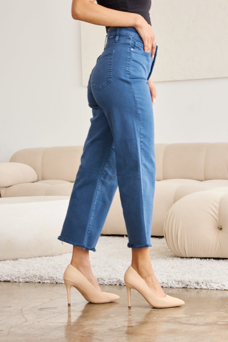 RFM Crop Chloe Full Size Tummy Control High Waist Raw Hem Jeans - Bottoms