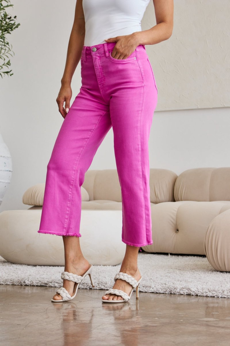 RFM Crop Chloe Full Size Tummy Control High Waist Raw Hem Jeans - Bottoms