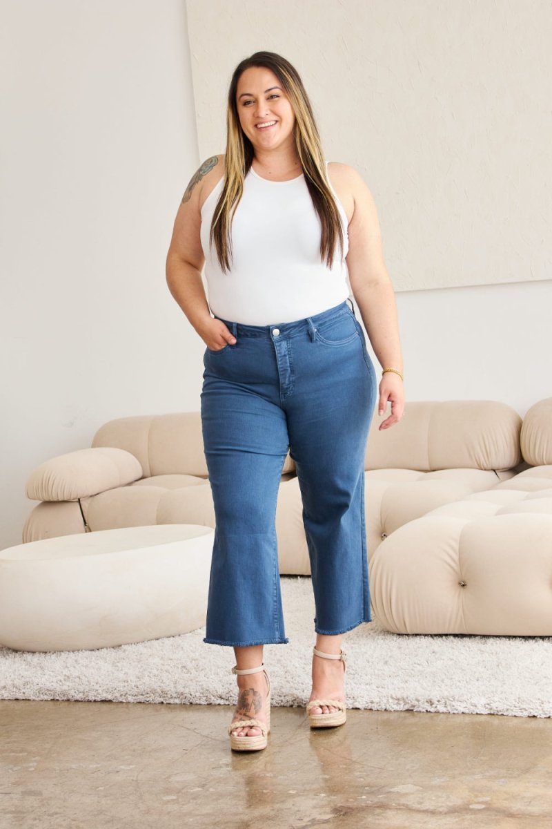 RFM Crop Chloe Full Size Tummy Control High Waist Raw Hem Jeans - Bottoms