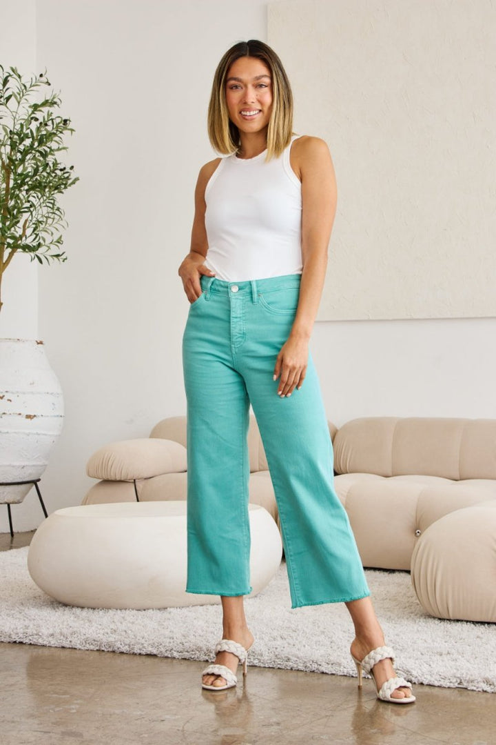 RFM Crop Chloe Full Size Tummy Control High Waist Raw Hem Jeans - Bottoms