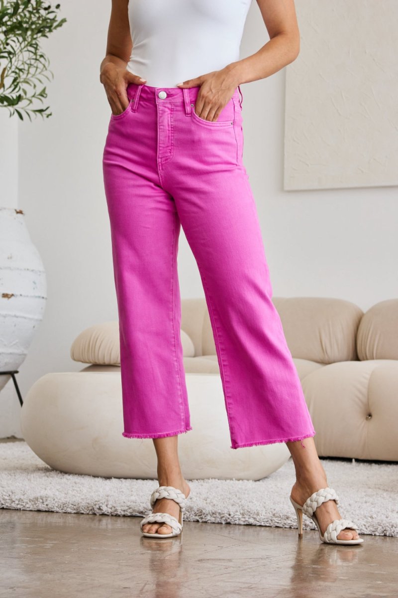 RFM Crop Chloe Full Size Tummy Control High Waist Raw Hem Jeans - Bottoms