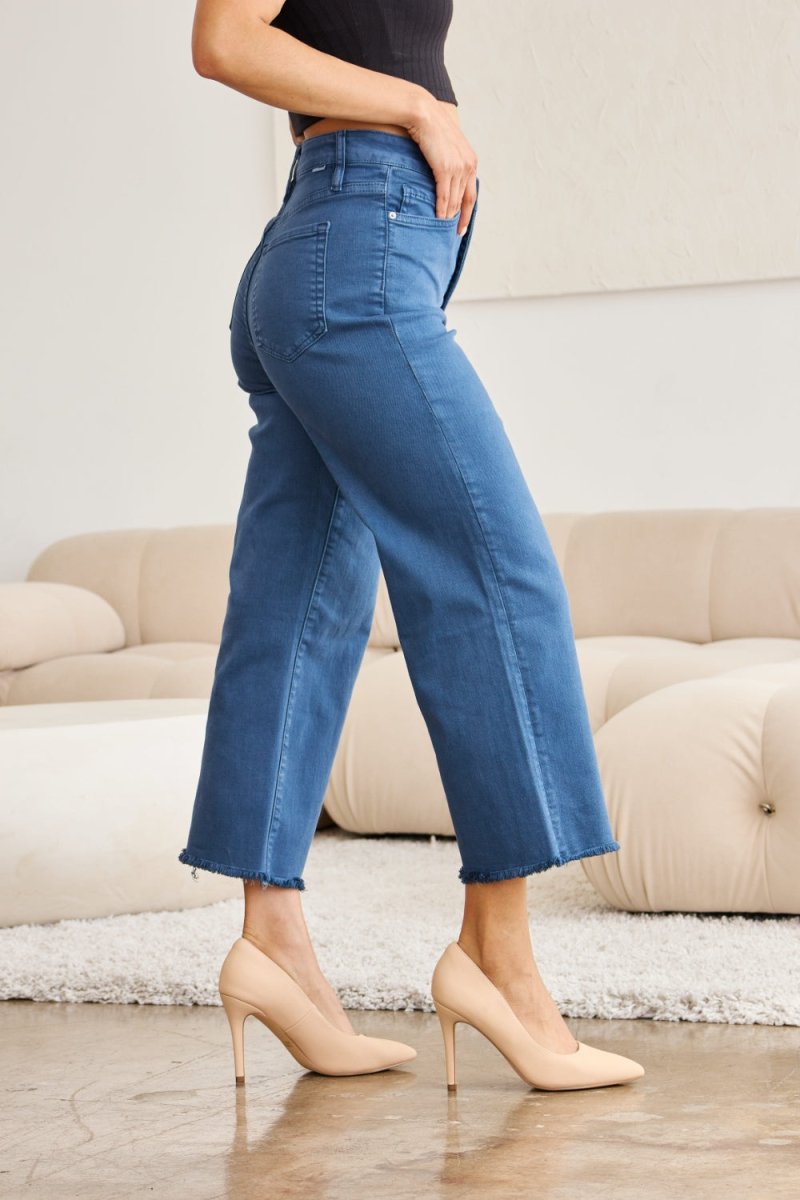 RFM Crop Chloe Full Size Tummy Control High Waist Raw Hem Jeans - Bottoms