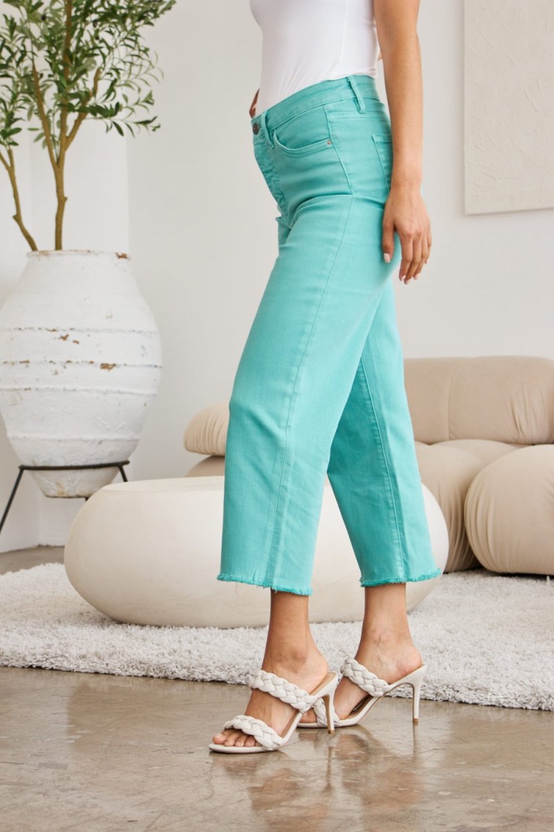 RFM Crop Chloe Full Size Tummy Control High Waist Raw Hem Jeans - Bottoms