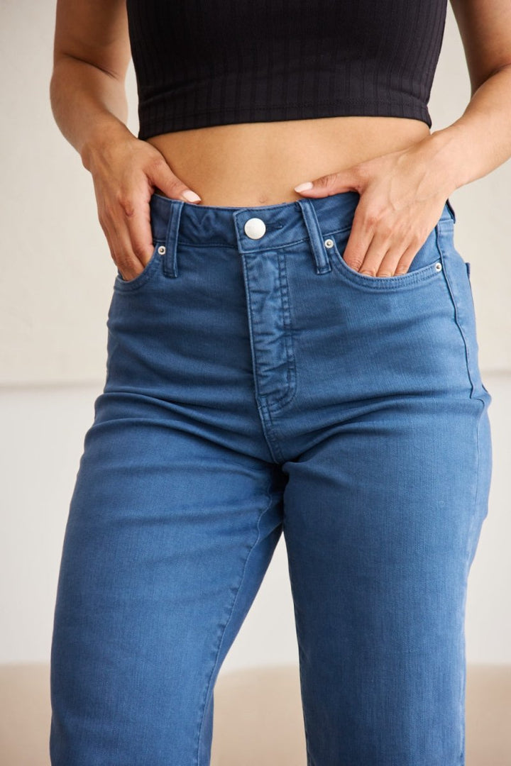 RFM Crop Chloe Full Size Tummy Control High Waist Raw Hem Jeans - Bottoms