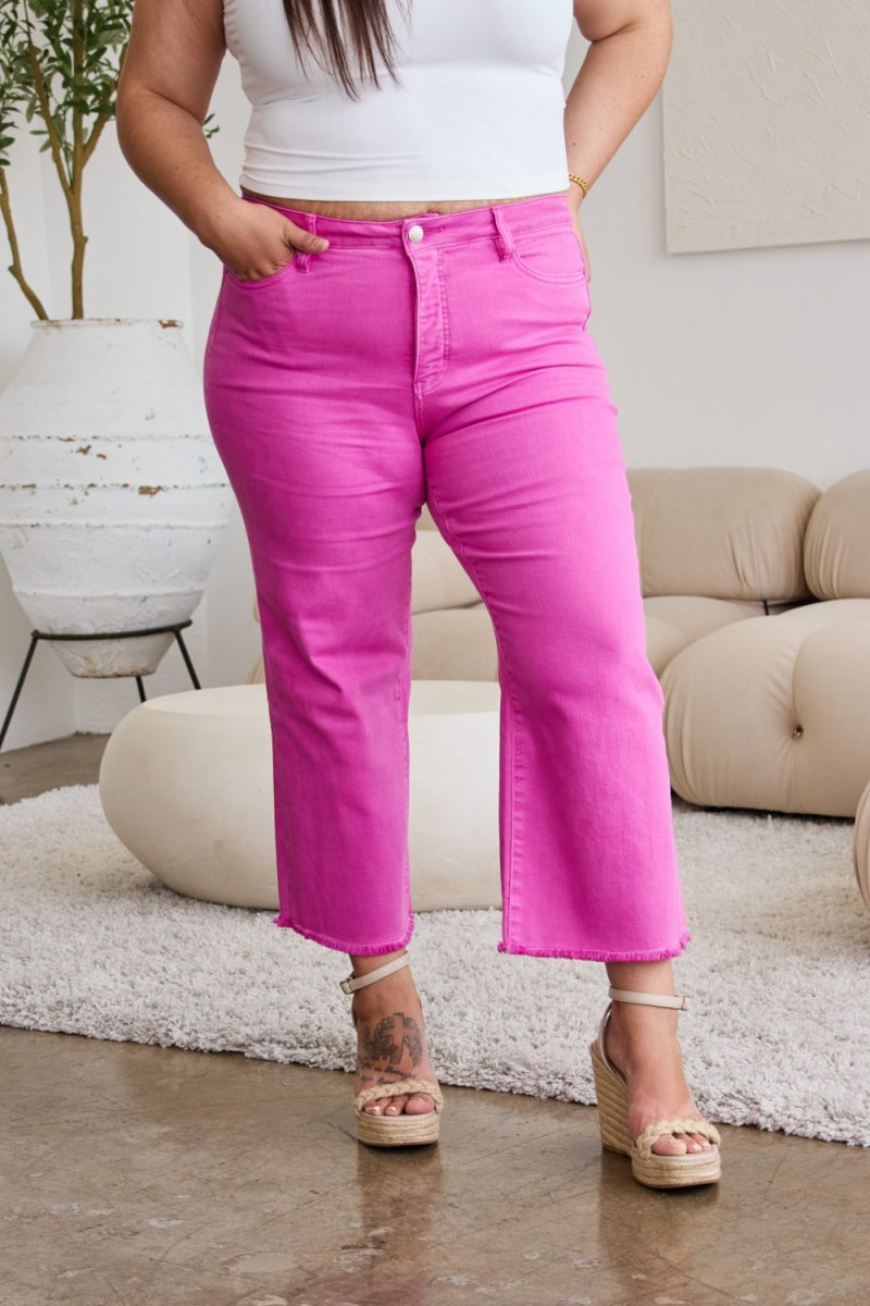 RFM Crop Chloe Full Size Tummy Control High Waist Raw Hem Jeans - Bottoms