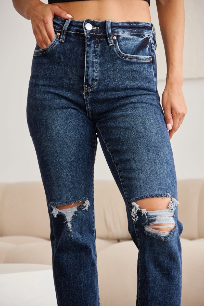 RFM Crop Dylan Full Size Tummy Control Distressed High Waist Raw Hem Jeans - Bottoms