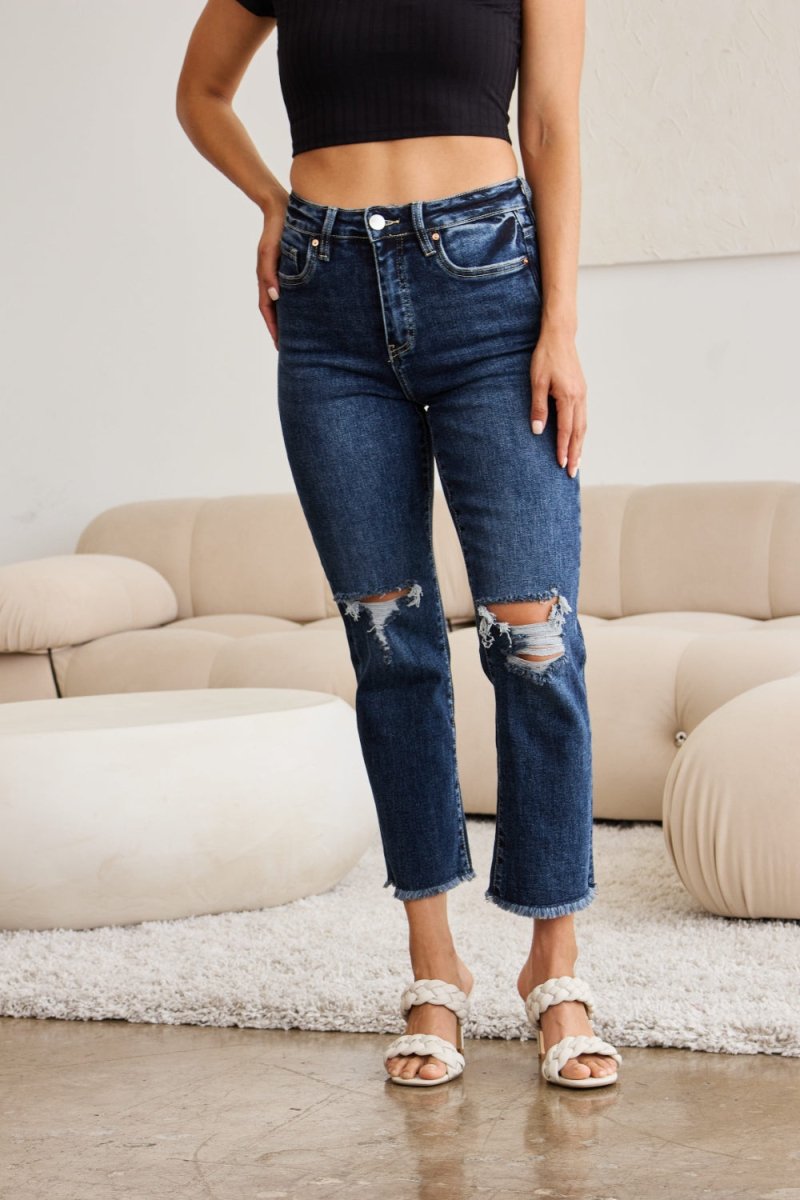 RFM Crop Dylan Full Size Tummy Control Distressed High Waist Raw Hem Jeans - Bottoms