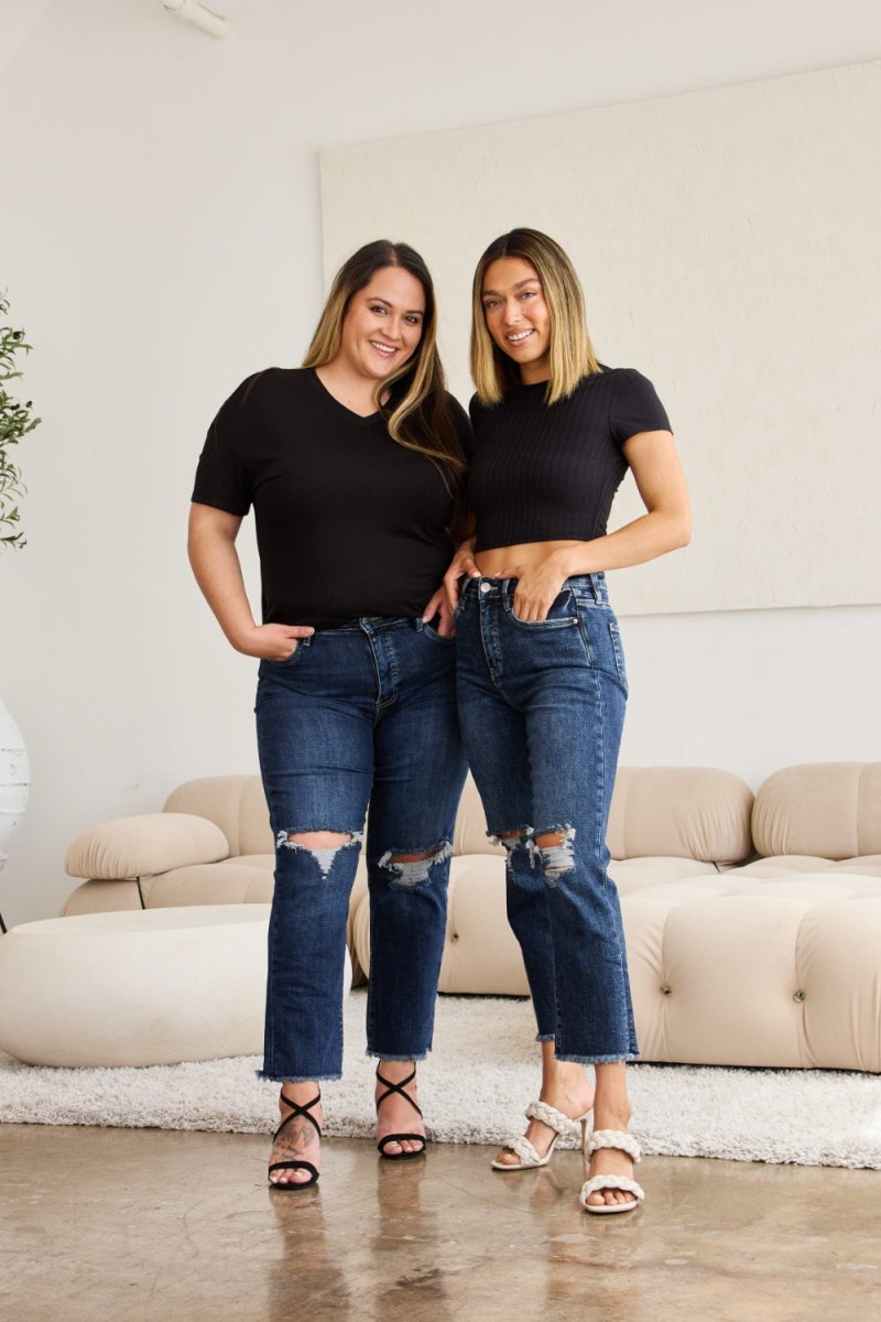 RFM Crop Dylan Full Size Tummy Control Distressed High Waist Raw Hem Jeans - Bottoms