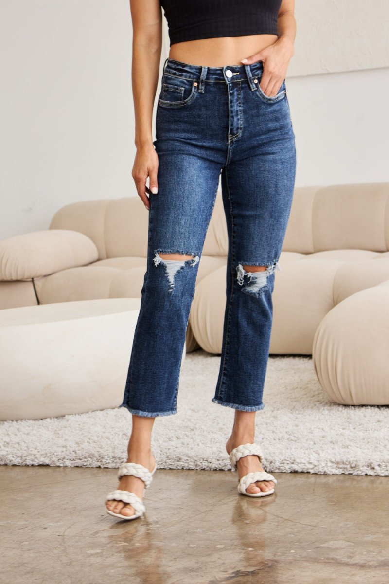 RFM Crop Dylan Full Size Tummy Control Distressed High Waist Raw Hem Jeans - Bottoms