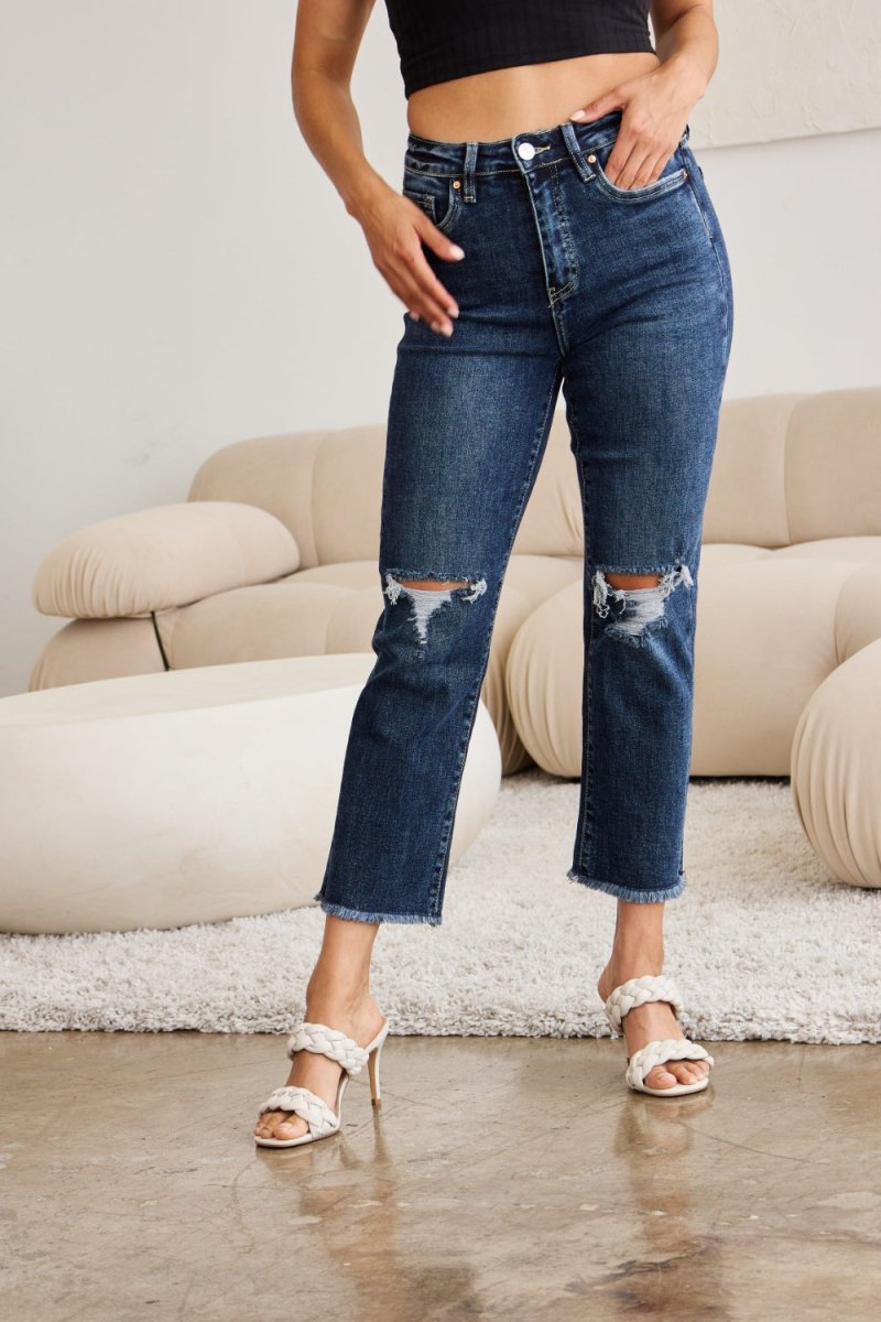 RFM Crop Dylan Full Size Tummy Control Distressed High Waist Raw Hem Jeans - Bottoms