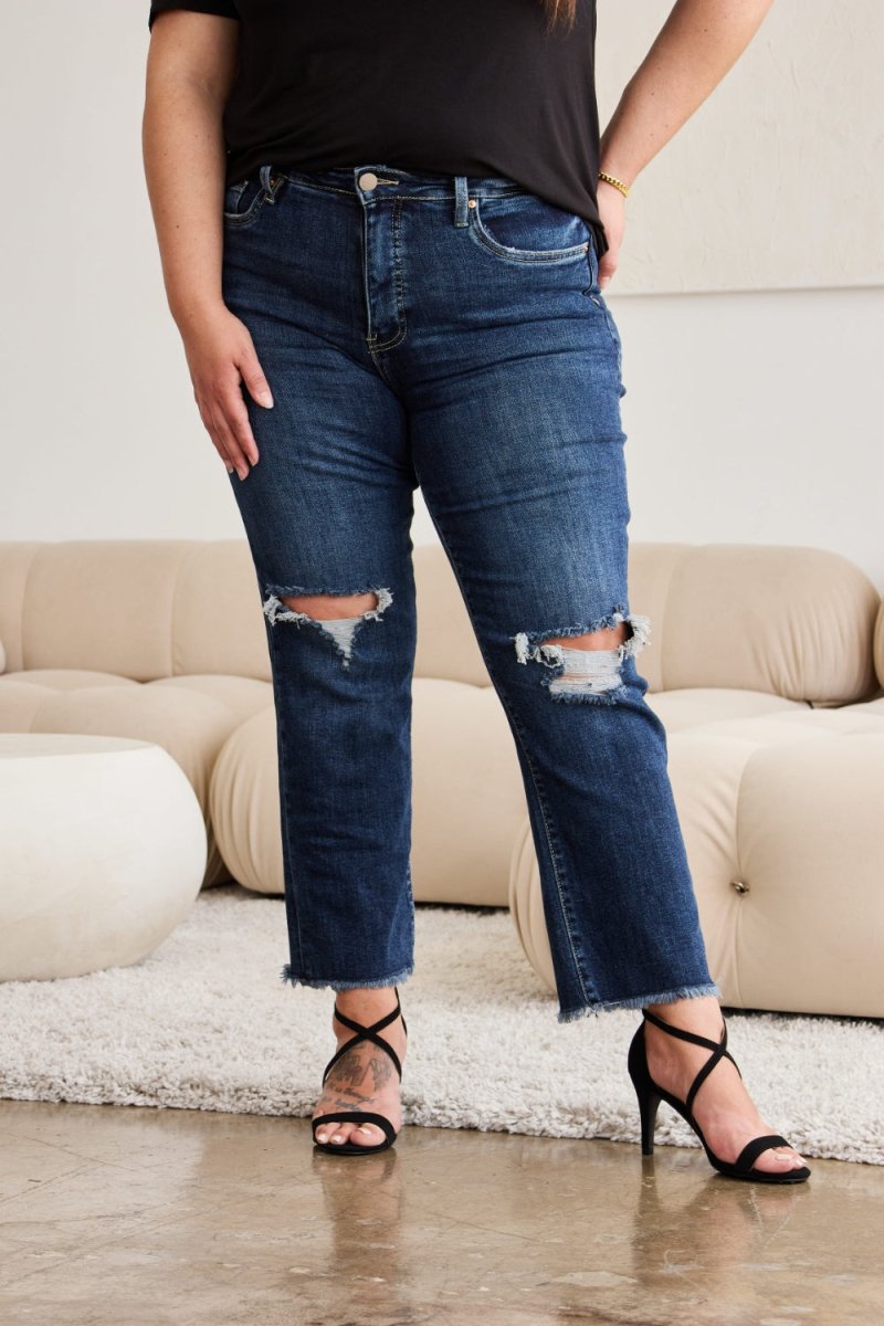 RFM Crop Dylan Full Size Tummy Control Distressed High Waist Raw Hem Jeans - Bottoms