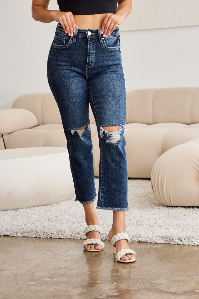 RFM Crop Dylan Full Size Tummy Control Distressed High Waist Raw Hem Jeans - Bottoms
