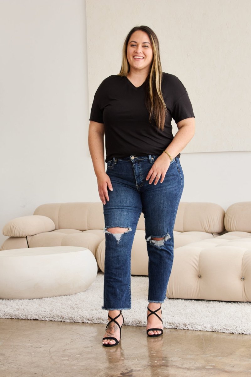 RFM Crop Dylan Full Size Tummy Control Distressed High Waist Raw Hem Jeans - Bottoms