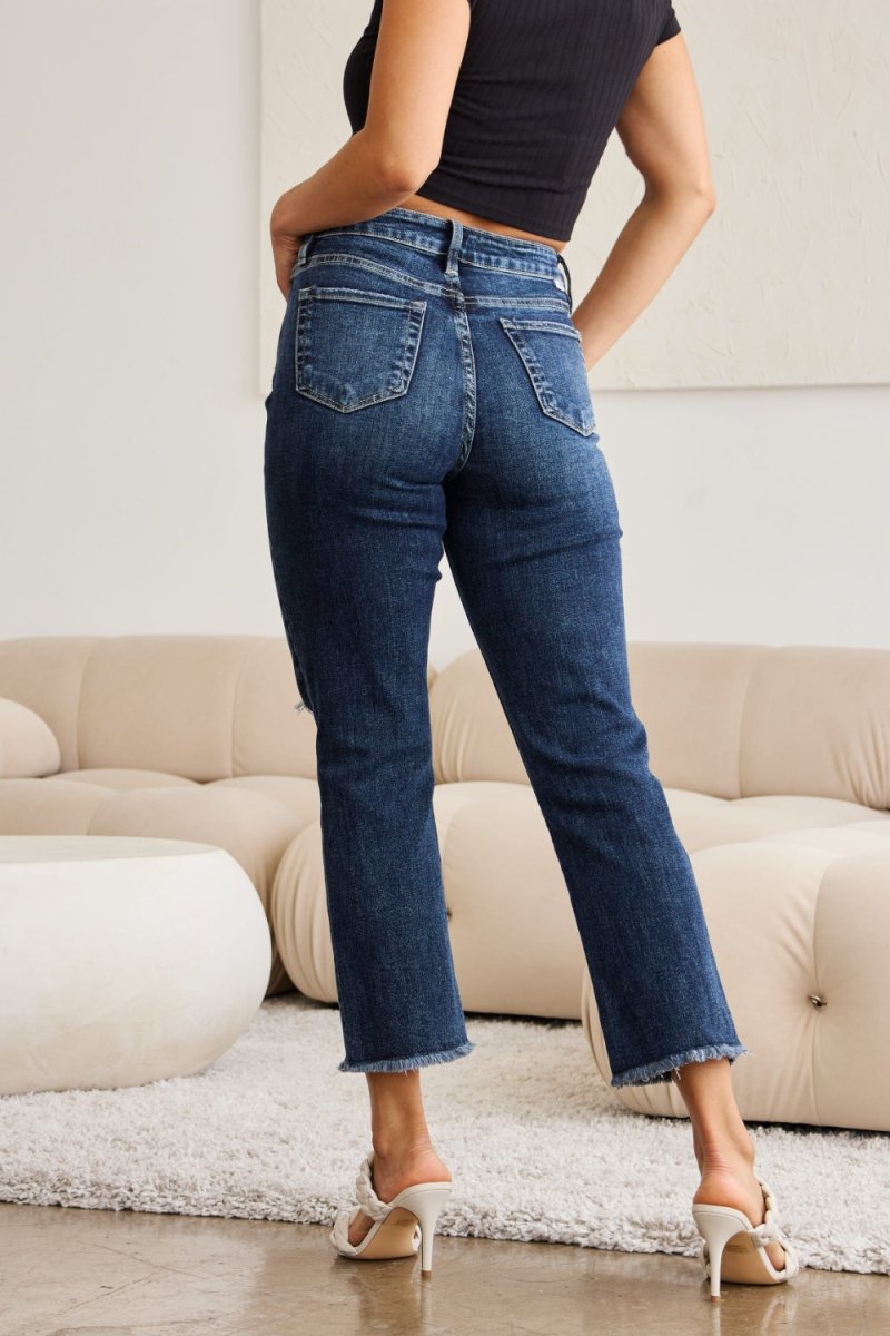 RFM Crop Dylan Full Size Tummy Control Distressed High Waist Raw Hem Jeans - Bottoms